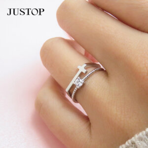Hexingsheng Jewelry | Timeless Cross Jewelry Symbolizing Faith and Modern Fashion Trends Adjustable Double Layer Cubic Zirconia Cross Ring for Ladies