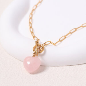 Modern Rose Quartz Heart Pendant Necklace in Stainless Steel