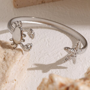 Ocean Inspired Stainless Steel Bangles with Seashell Starfish and Crab Motifs
