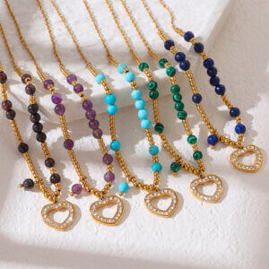 Gold Plated Natural Stone Bead Necklace With CZ Heart Pendant