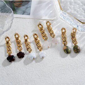 Natural Stone Dangle Earrings with Gold plated Stainless Steel Chains
