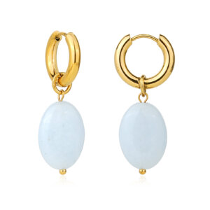 Gold Plated Oval Drop Earrings With Colorful Stone Pendant