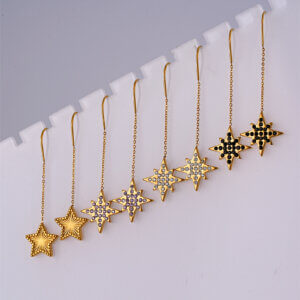 Celestial style Gold Chain Star Threader Earrings With Zircon Shine