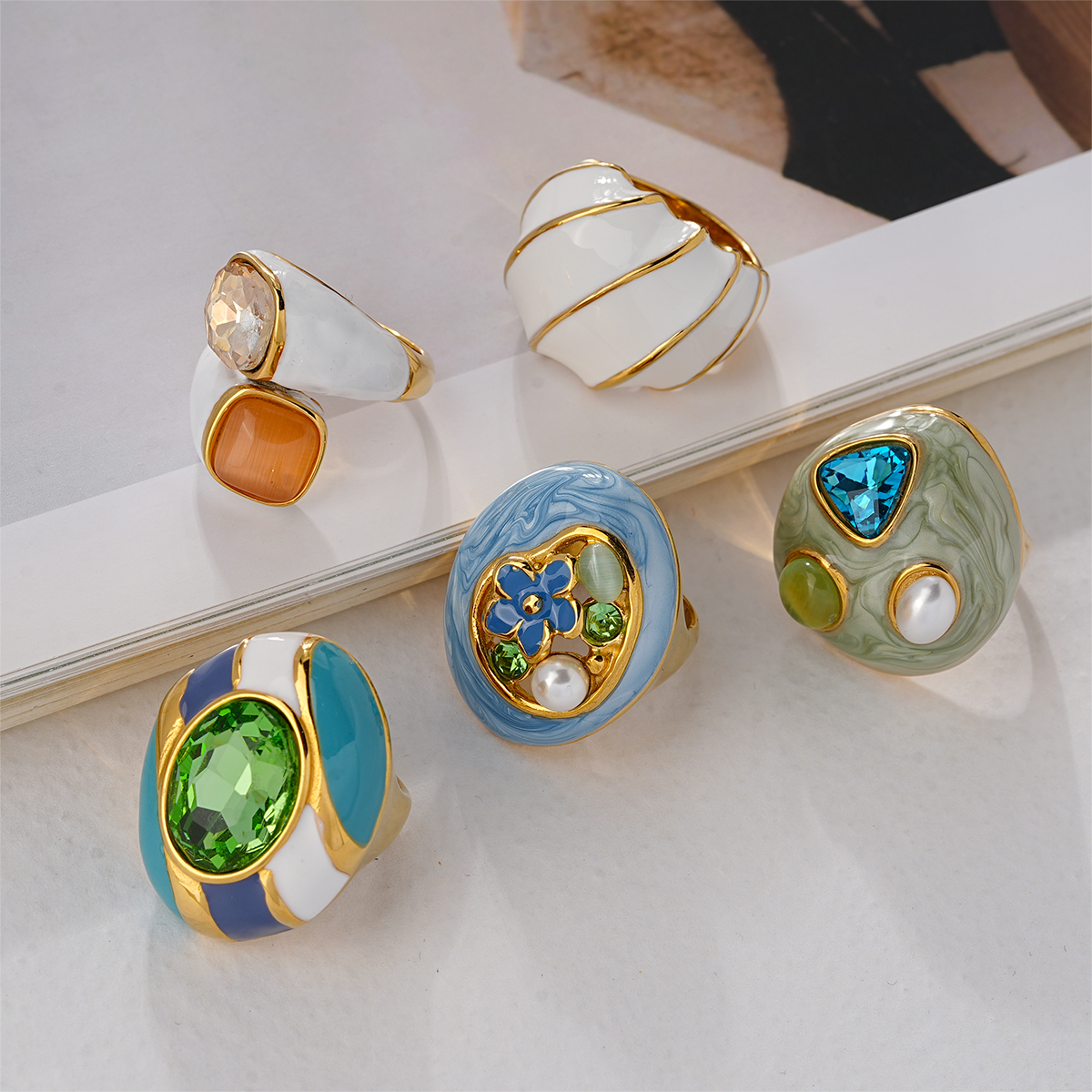 Contemporary designer enamel statement rings collection art deco inspired