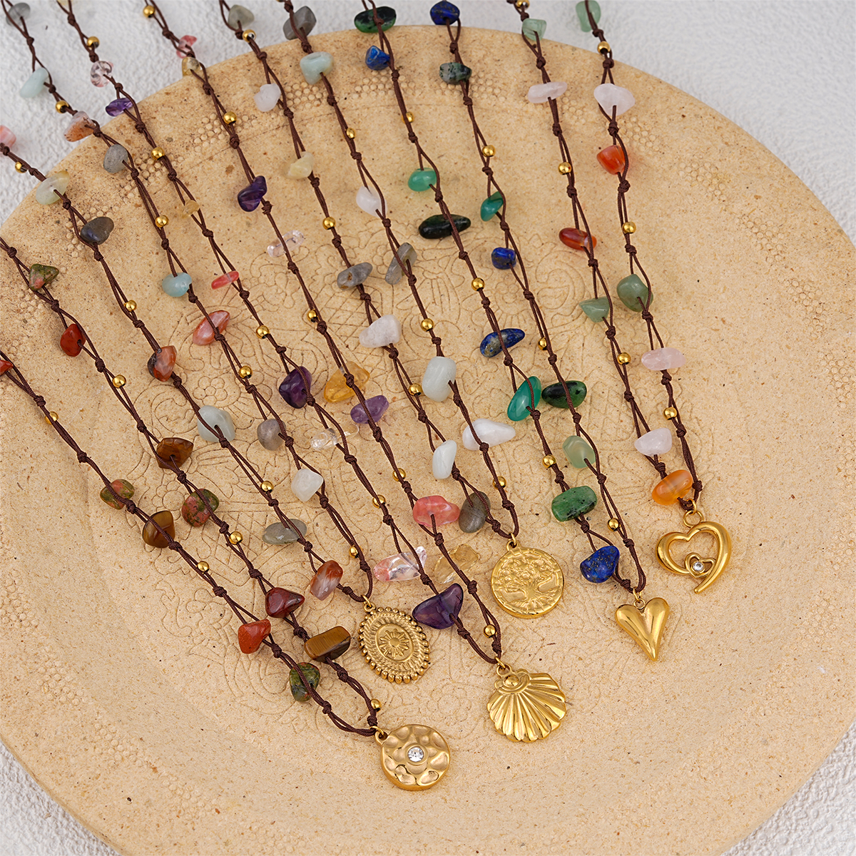 Bohemian Hand Knotted Cord Necklace with Natural Mixed Stones