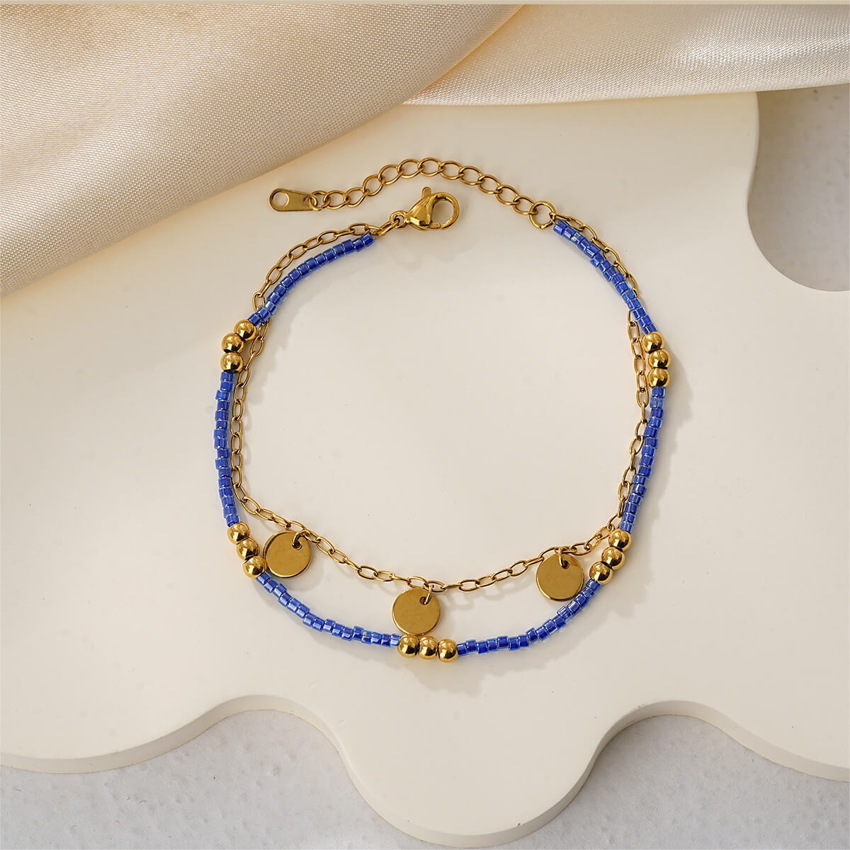 18K Dainty Layered Chain Bracelet with Hammered Coin Charms