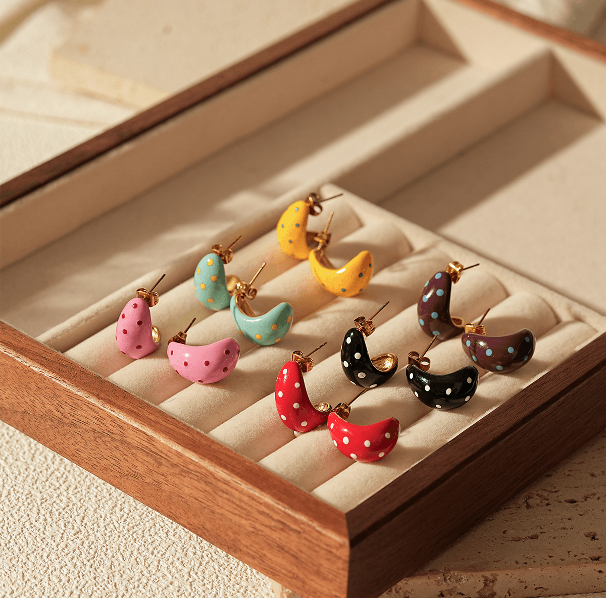 Colorful Enamel Hoop Earrings With Playful Polka Dot Design